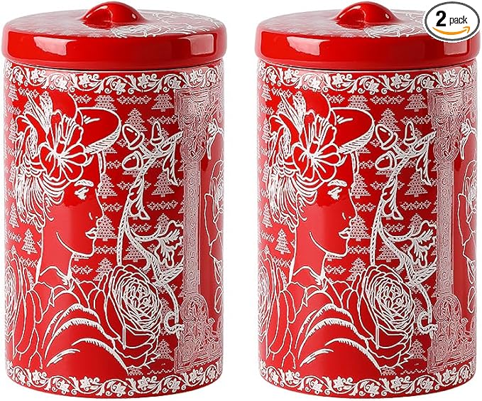 Porlien Lady Porcelain 15-ounce Canisters Set of 2, Food Storage Containers with Lid for Coffee Beans, Tea, Condiments & Nuts, Gifts for Mothers'Day, Thanksgiving, Christmas, Valentine’s Day