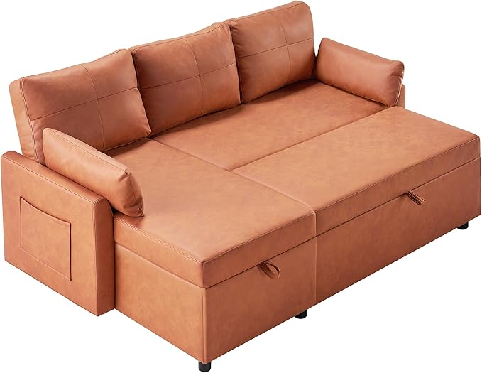 VanAcc Sleeper Sofa, Sofa Bed- 2 in 1 Pull Out Couch Bed with Storage Chaise, Sofa Sleeper Couch for Living Room, Brown Leathaire