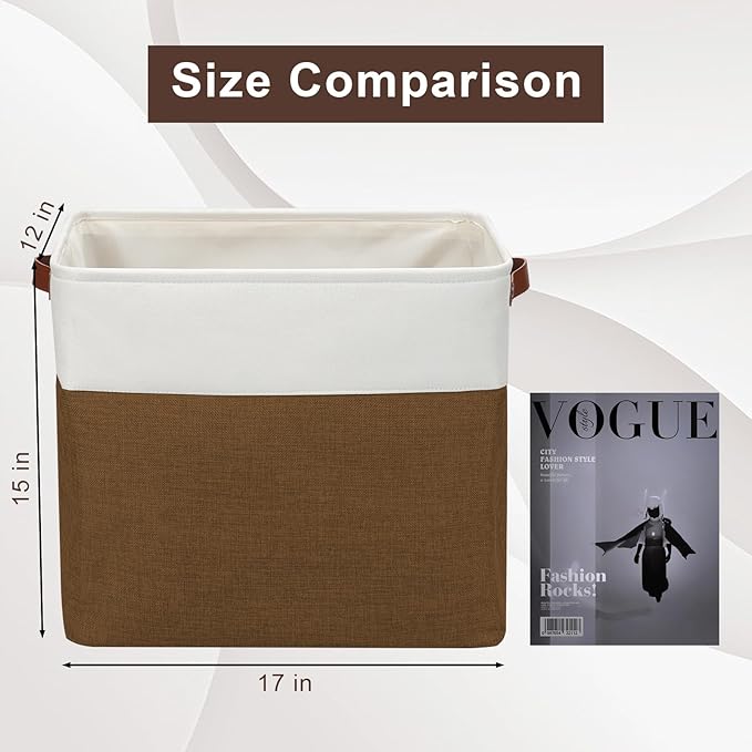 Large Fabric Storage Baskets | 50L Storage Bins, Decorative Linen Closet Baskets with Handles for Organizing, Shelf, Toys, Clothes, Home, Office, Nursery, 17x12x15Inches (Brown&White)