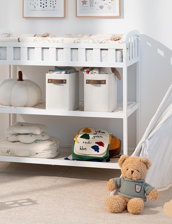 StorageWorks Narrow Storage Bins, Small Basket for Closet and Shelves, Rectangular Fabric Organizer with Handles, Toilet Paper Storage, Beige, 2-Pack