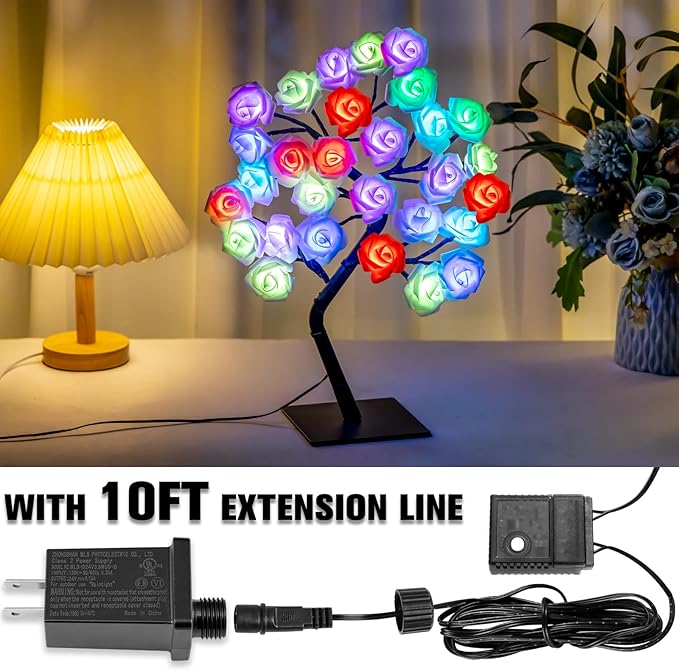 18 Colors Rose Tree Lamp - Multicolor LED Rose Flower Night Light Pink Flower Lamp Rose Lamp Tabletop Bonsai Tree for Wedding Valentine's Day Decorations Wedding Girls Party Bedroom