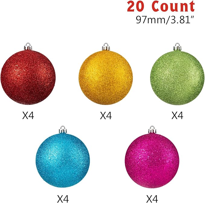Every Day is Christmas 20ct Christmas Ornaments, Shatterproof Christmas Tree Ornaments Set, 92cm/3.6" Christmas Balls Decoration