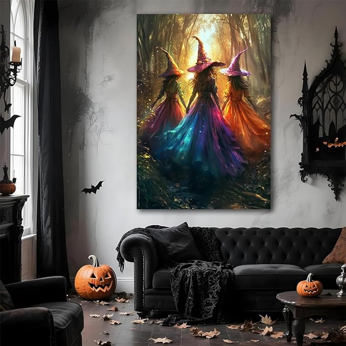 Halloween Room Decor Wall Art Colorful Witch Prints,Vintage Three Colorful Witches in Forest Halloween Posters,Fall Fantasy Aesthetic Pictures Playful Art Wall Decor for Bedroom,8"x12" Framed