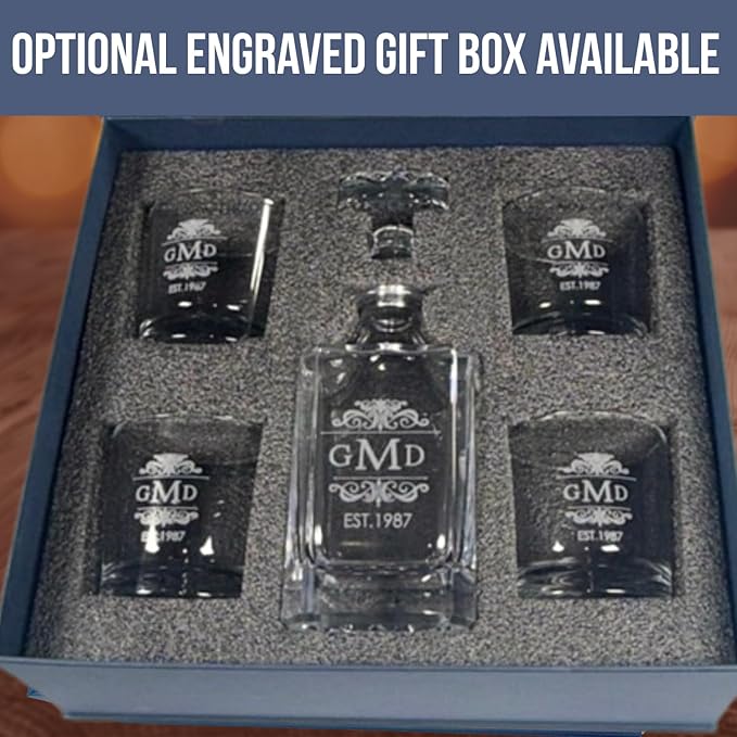 Gifts Inscribed Personalized Whiskey Decanter Set - Engraved Whiskey Decanter Bottle & Set of 4 Custom Drinking Glasses Laser Etched - Customized Whisky Gift for Wedding, Birthday, Fathers Day