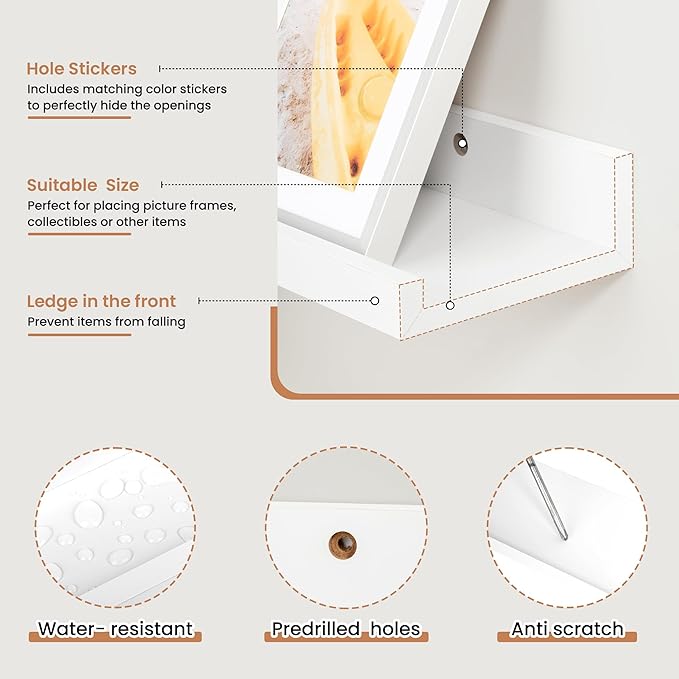 Fun Memories Picture Ledge Shelves Set of 2, 32 Inch Rustic Wall Mounted Floating Shelves with Lip for Home Storage and Décor in Bathroom, Kitchen, Nursery, Bedroom, Living Room, White