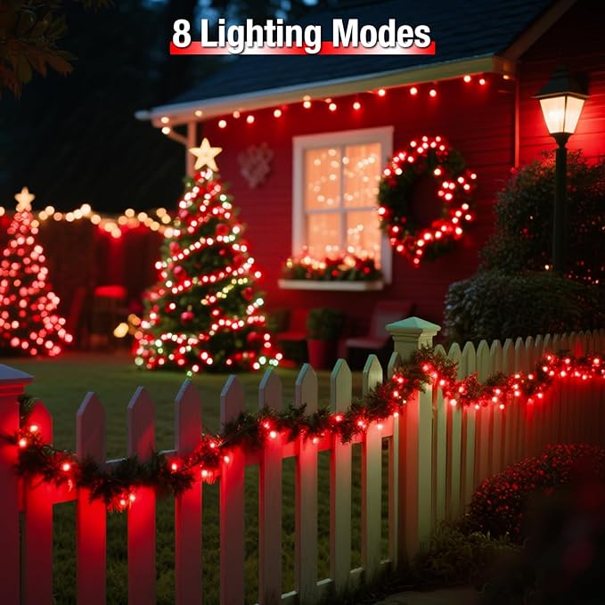 2 Pack Solar String Lights Outdoor - 160LED 66FT Solar Fairy Lights Waterproof 8 Modes, Copper Wire Solar Powered Twinkle Lights for Outside Tree Garden Christmas Wedding Party Decor, Red