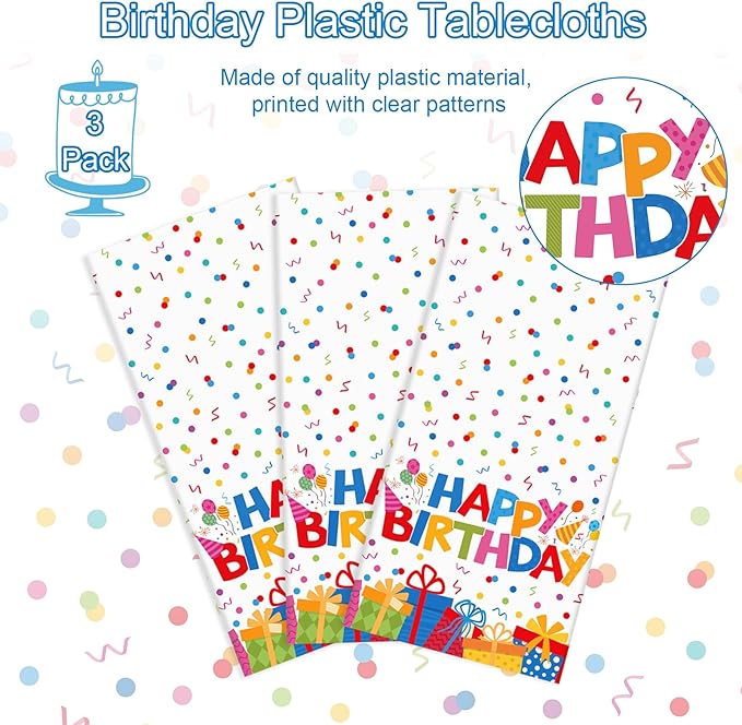 3 Pack Plastic Birthday Tablecloth, 54 x 108 Inch Disposable PE Happy Birthday Tablecloth Waterproof Rectangle Birthdays Party Table Cover for Birthdays Party Decorations