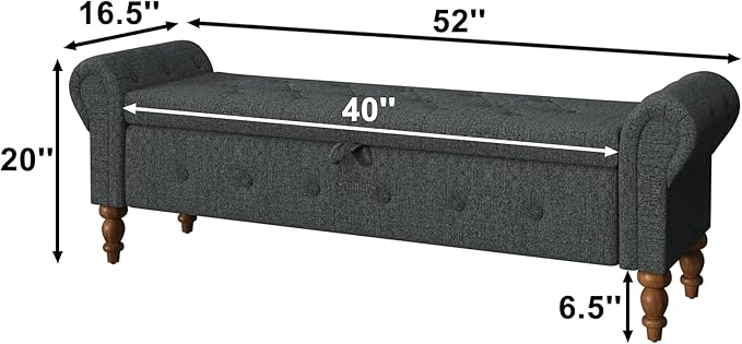 Storage Ottoman Bench for Bedroom, Linen 52" End of Bed Bench with Rolled Arms Upholstered Ottoman Bench Fit for Bedroom, Living Room, Entryway, Dark Gray