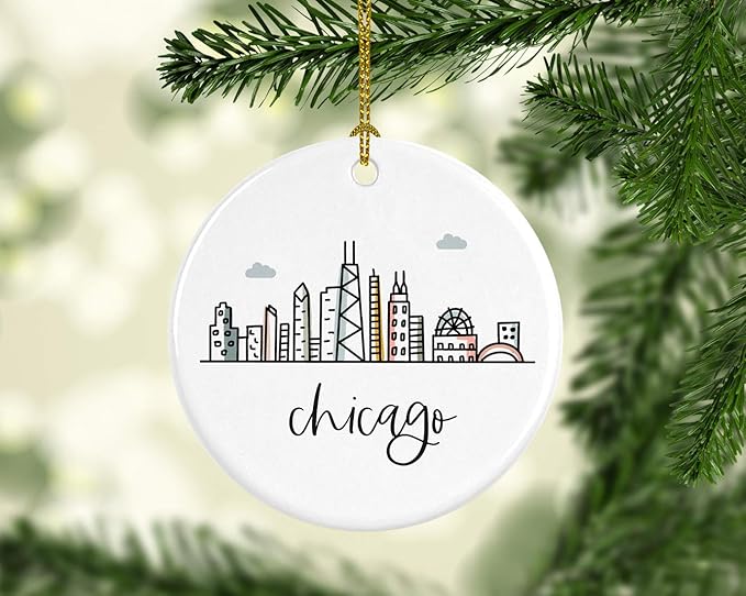 Andaz Press Round Ceramic Porcelain Christmas Tree Ornament Keepsake, Chicago Colorful City Skyline Graphic, 1-Pack, Birthday Gift Ideas Family Coworker Him Her, Includes Gift Box