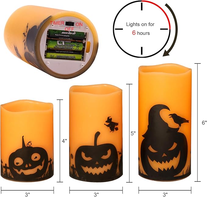 GenSwin Halloween Pumpin Flameless Candles, LED Battery Operated Pillar Pumpkin Candles with 6H Timer, 3 Pack LED Flickering Candles for Fall Spooky Halloween Decoration(D3 xH4 5" 6")