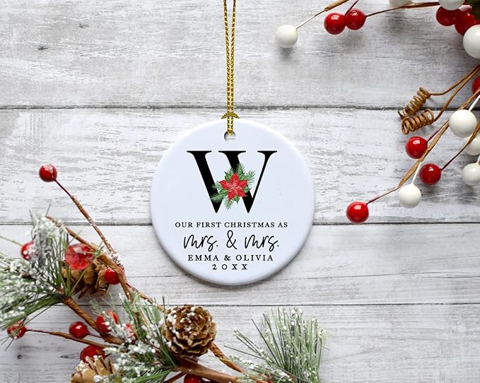 Andaz Press Personalized Our First Christmas As Mrs. & Mrs. 2025 Christmas Ornaments Monogram Poinsettia 2.8" Round Porcelain Ceramic Lesbian Married Couple Gay Women Newlyweds Wedding Keepsake 1-Pack