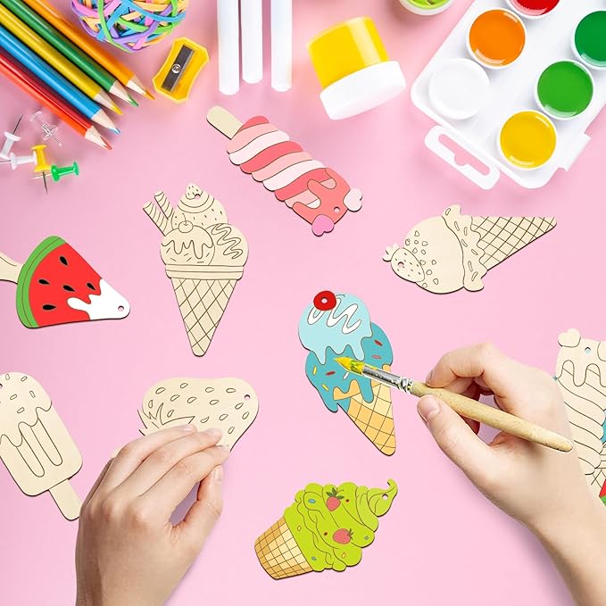 80PCS Wooden Ice Cream Cutouts Ornaments to Paint,Summer Decorations 8 Styles DIY Blank Unfinished Wood Cutouts Ornament for Crafts Hanging Decorations