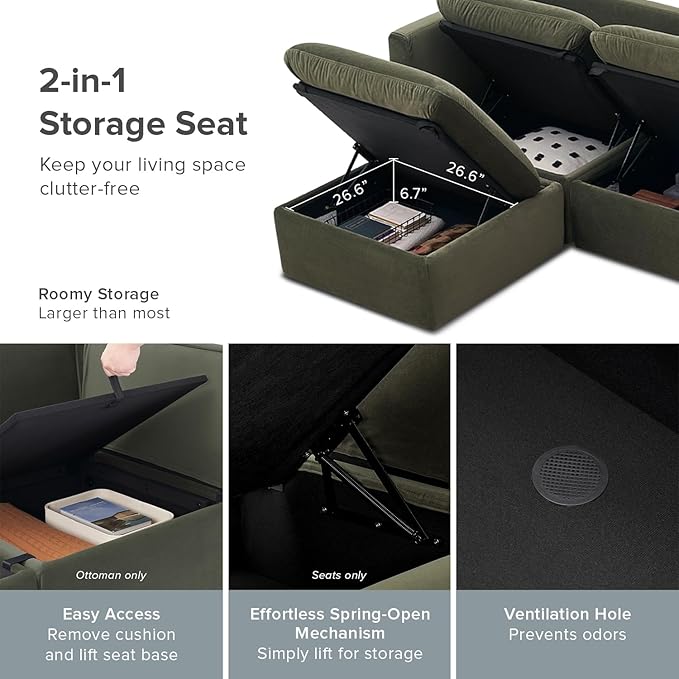 mopio Oversized Modular Sectional Sofa with Fully Removable Covers and Storage, Convertible U, L-Shaped and Sleeper Sectional, Modern Couches with Ottoman Chaise (Olive Green Velvet, 4 Seats, L)