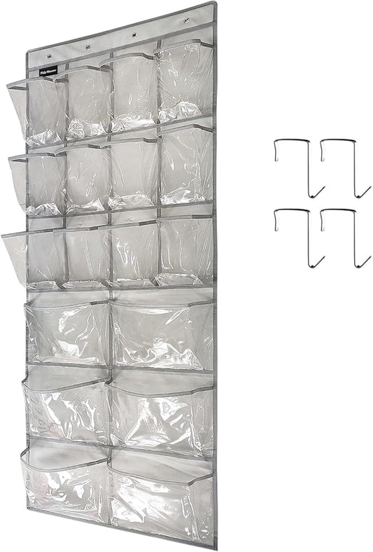 Extra Large Hanging Crystal Clear Over Door Shoe Organizer, Closet Shoe Rack with 12+6 Pockets, 8 Hooks, Grey (59"x 21.6")