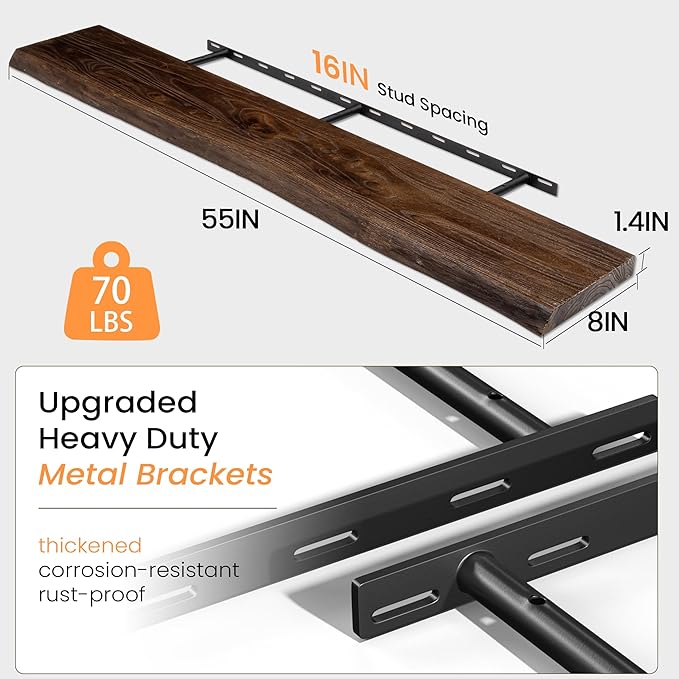 55 Inch Floating Shelves, Live Edge Elm Wood Floating Shelf for Wall, Wall-Mounted Display Shelves with Invisible Heavy-Duty Bracket, Long Floating Shelf for Kitchen, Living Room, Walnut Finish