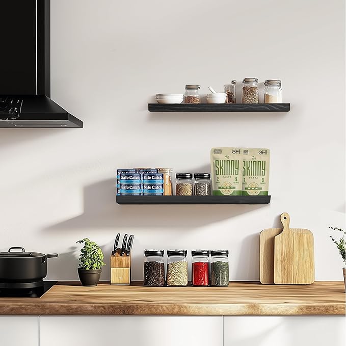 Floating Wall Shelves 2-Pack - Rustic Black 16-inch Wooden Wall Shelves for Storage and Décor, Multi-Functional and Easy to Install for Living Room, Bedroom, and Kitchen