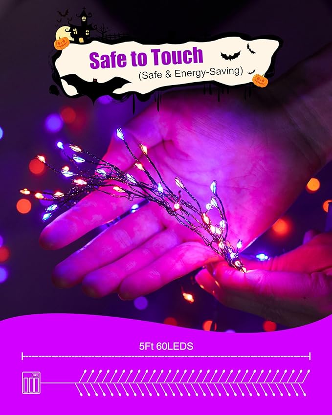 Fairy Lights Battery Operated, Twinkle String Lights Waterproof Silver Wire 5 Feet 60 Led Firecracker Starry Lights for DIY Wreath Party Bedroom Mason Jar Indoor Halloween Decoration, Orange & Purple