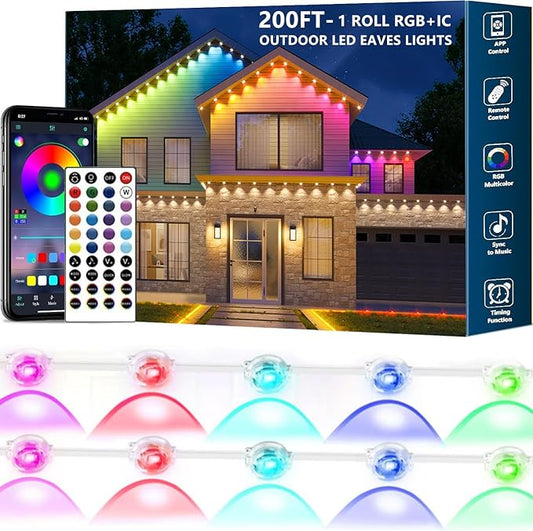 Permanent Outdoor Lights,200ft RGB + IC Smart LED Eaves Lights with App & Remote Control, IP67 Waterproof,for Christmas and All Holiday Decor,Daily and Accent Lighting,House Roof and Garden Lighting