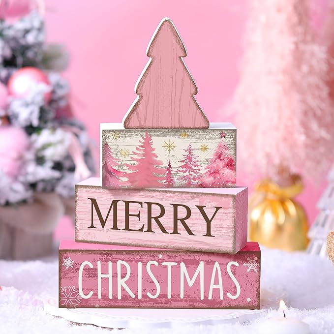4 Pcs Christmas Table Decoration Wooden Pink Christmas Tree Centerpieces Decor Winter Tiered Tray Decor Rustic Decorative Tree Block Signs Gift Farmhouse Xmas Decoration for Home Kitchen
