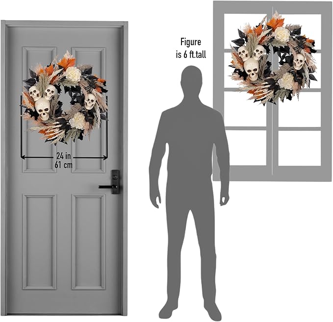 24" Halloween Wreath for Front Door with Artificial Skulls, Wheat, Maple Leaves and White Peonies - Fall Halloween Holiday Decoration for Home Door Wall Indoor/Outdoor