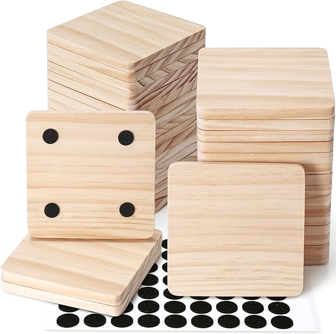 36 Pieces Unfinished Wood Coasters, GOH DODD 4 Inch Wooden Blanks with Non-Slip Pads for Laser Engraving Wood Burning Staining Painting Decoupage Housewarming Gifts Wedding Crafts Education, Square