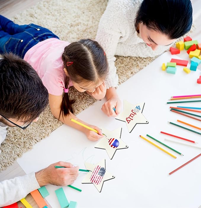 FCECOR 4" 100PCS Wooden Stars for Crafts, Wood Stars for 4th of July Kids Crafts Wood Slices DIY Crafts Supplies, Unfinished Wooden Ornaments for DIY Christmas Crafts Projects