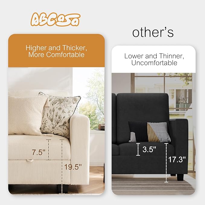 38.5 Oversized Accent Chair with Storage Ivory Corduroy Set of 2, Single Modern Accent Sofa with Arms Chair for Apartment Living Room (21" Deep Seat)