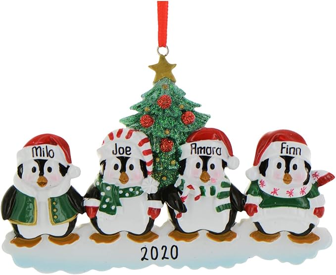 3D Penguins Family of 4 Christmas Ornament 2025 Personalized Family Christmas Ornaments 2025 | Winter Snow Penguins Personalized Tree Ornaments Customizable Gifts of Santa Hat Penguin of Four Ornament