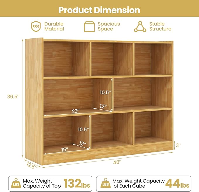 Tangkula 8-Cube Bookcase, Wood 3 Tier Open Storage Bookshelf, Modern Multipurpose Display Cabinet for Living Room, Study, Reading Nook, 48 x 12.5 x 36.5 Inch, Burlywood