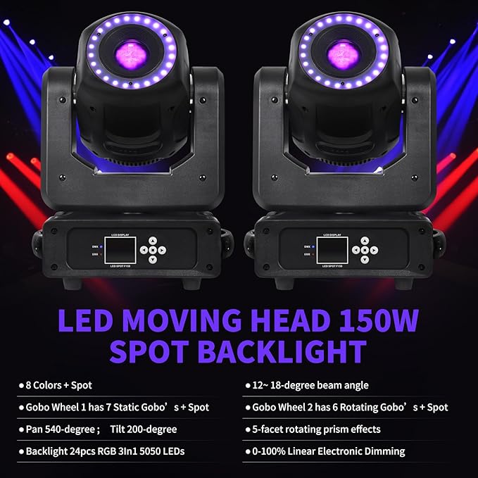 DJCLUB Moving Head Lights LED 100W Spot Effect with 6 Rotating & 7 Gobos 8 Colors Projector 5-Facet Prism by DMX512 Control Stage Lights for Disco Bar Wedding Party (LED 150W Moving Head)