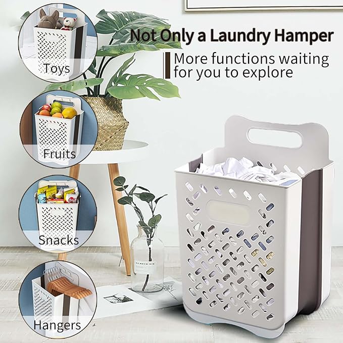 Plastic Foldable Laundry Basket with Handle, 42L Wall Mounted Laundry Hamper Freestanding Dirty Clothes Hamper, Collapsible Laundry Baskets Pop Up Hamper Storage Container for Snacks Dolls