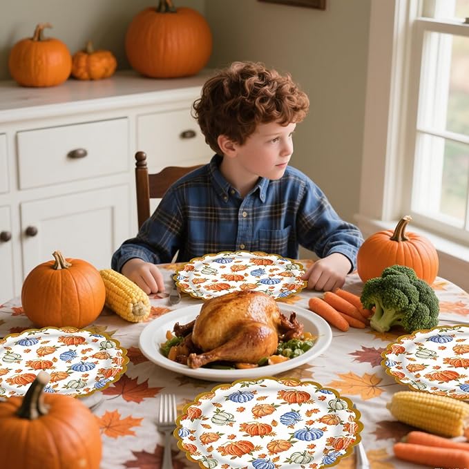 50 Pack Fall Pumpkins Paper Plates, 7inch Thanksgiving Dessert Plates Scalloped Foiled Edge Autumn Leaves Party Supplies for Harvest Friendsgiving Birthday Baby Showers Wedding Decorations