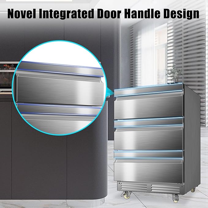 24 Inch Upgraded Three-Drawer Beverage Fridge, Weather Proof Outdoor Stainless Steel Beverage Refrigerator, Under Counter Built-in Beverage Cooler for Home & Commercial Use