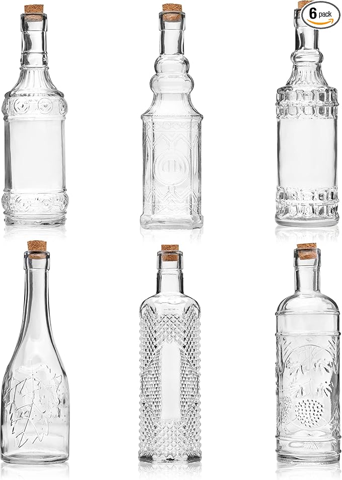 Assorted Clear Glass Bottles with Corks, 6 Pack, 2.5in X 9in, 16oz