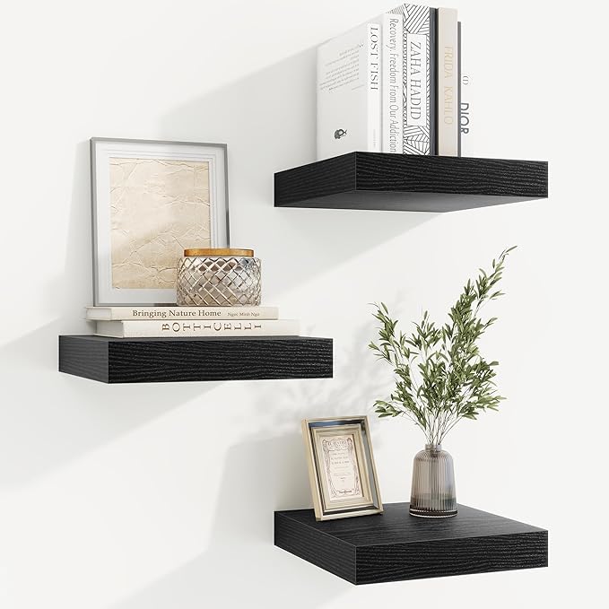 fuqing Floating Shelves for Wall, Bathroom Shelf Wall Mounted for Storage, Shelves with Invisible Bracket for Bedroom, Kitchen, Living Room, Farmhouse Small Book Shelf, 6.5 Inch Set of 3, Black