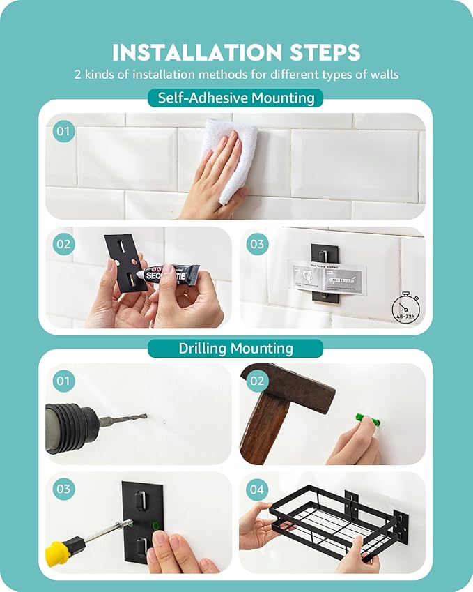 Metal Spice Rack Wall Mount Floating Shelves 2 Pack Black Storage organizer for Cabinet Door Pantry Kitchen Bathroom Supplies (13.7inches length)