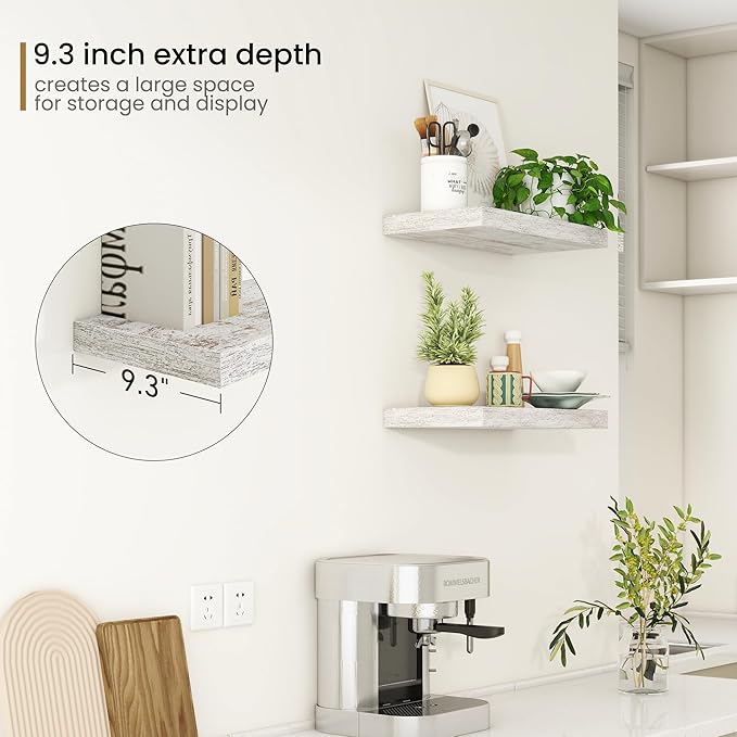 Fun Memories Deep Floating Shelves - 16" W x 9" D x 1.6" H Rustic Grey Wall Shelf - Wall Mounted Shelves for Storage - Wooden Shelves with Invisible Brackets for Living Room, Farmhouse - Set of 2