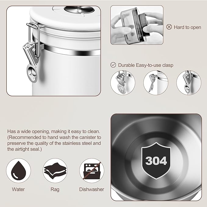 ShanSon Coffee Canister Airtight Coffee Container Stainless Steel Coffee Bean Storage Container with Scoop Coffee Canister for Beans Grounds Sugar Flour Tea Cereal,16OZ, White