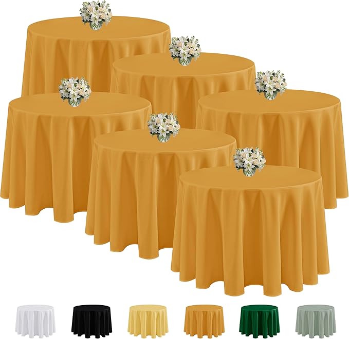 Fitable 6 Pack Gold Round Tablecloths - 90 Inches Round - Wrinkle and Stain Resistant Fabric Table Clothes, Washable Polyester Table Covers for Wedding Party Banquet Formal Events Fall Thanksgiving