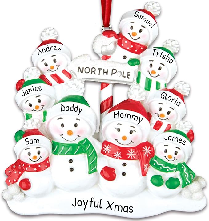 3D Frosty Snowman Family of 9 Christmas Ornament 2025 Personalized Family Christmas Ornaments 2025 | Winter Holiday Snowmen Personalized Tree Ornaments Customizable Gifts Snow People of Nine Ornament