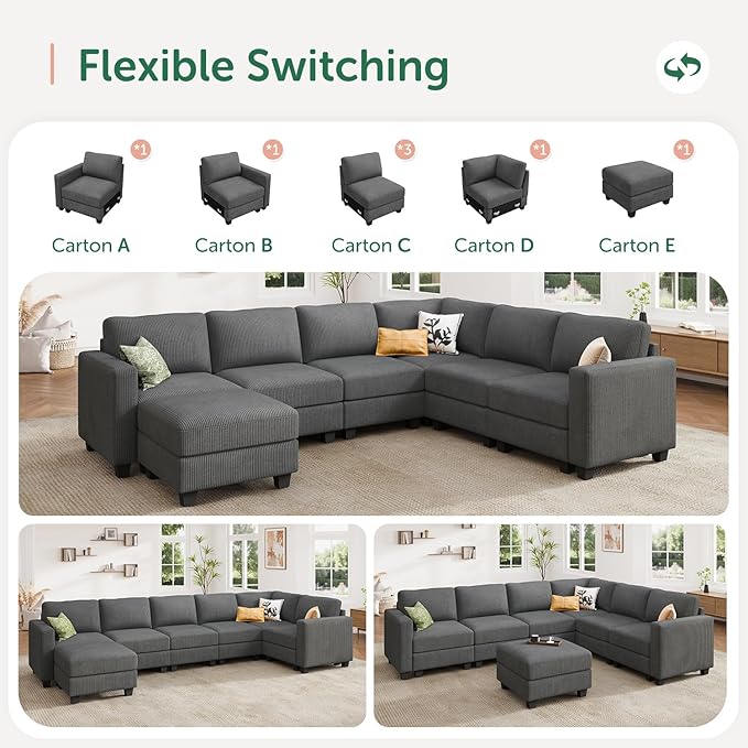 HONBAY Corduroy Sectional Sofa with Storage, U Shape Modular Sectional Sofa with Chaise, Modular Couches for Living Room, Dark Gray