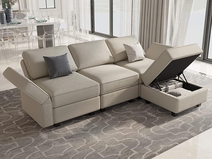 Belffin Convertible Sectional Sofa with Chaise Velvet L Shaped Sofa Couch Modular Sectional Sofa with Storage Grey