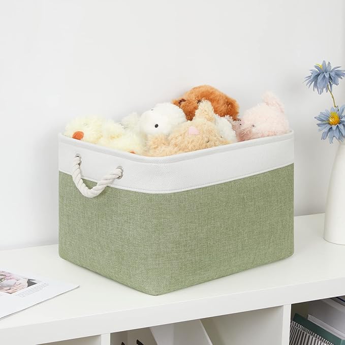 Bidtakay Large Fabric Baskets for Organizing [3-pack] Closet Organizers and Storage Baskets for Gifts Empty Foldable Nursery Baskets for Toy Storage 15 X 11 X 9.5 Inches (White&green)