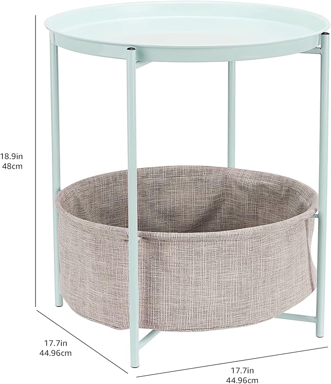 Amazon Basics Round Storage End Table, Side Table with Cloth Basket, Mint Green/Heather Gray, 18 in x 18 in x 19 in