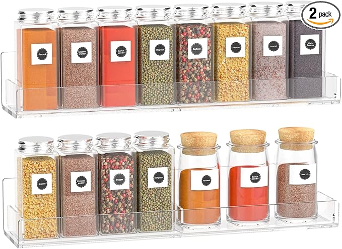 Acrylic Spice Rack Wall Mount, Hanging Spice Shelf Racks for Seasonings, Kitchen Spice Jars Wall Organizer Storage Holder, 2 Pack