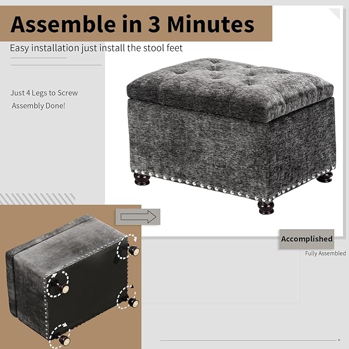 Joveco Storage Ottoman Bench, Rectangle 24" Velvet Foot Rest Stool Square Footstool for Living Room, Bedroom, Charcoal Grey