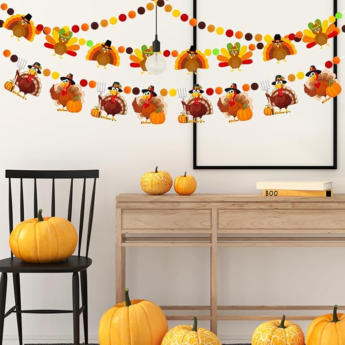 Doumeny 3Pcs Fall Thanksgiving Felt Banner Thankful Felt Turkey Bunting Garland Happy Thanksgiving Hanging Garland Give Thanks Party Banner Pompom Ball Bunting with Turkey for Home Fireplace Decor