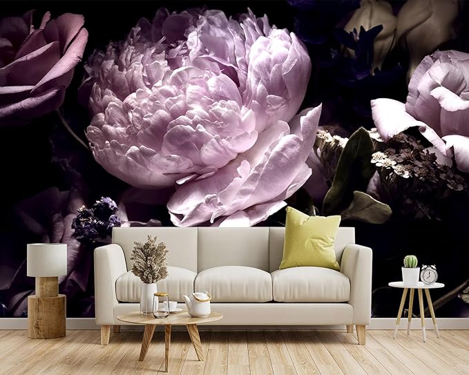 '-Black Peony Purple Floral Botanical Fabric Wallpaper Living Room Bedroom Bathroom Dark Flowers Large Wall Mural- 160"x108"（ not Peel and Stick）