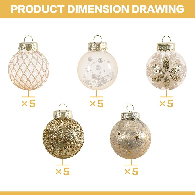 25PCS Christmas Ornaments Set, 2.36"/6CM Clear Plastic Shatterproof Christmas Ball Hanging Ornaments for Xmas Tree Decorations, for Indoor Home Party Holiday Decor - White/Champagne