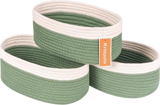 Shelf Storage Baskets for Organizing|Cute Basket for Closet&Blanket Storage|Small Woven Baskets to Store Toys,Books,etc.-13x8.66x5.11’’ Cotton Rope,Stylish,Oval 3 Packs Off White&Green